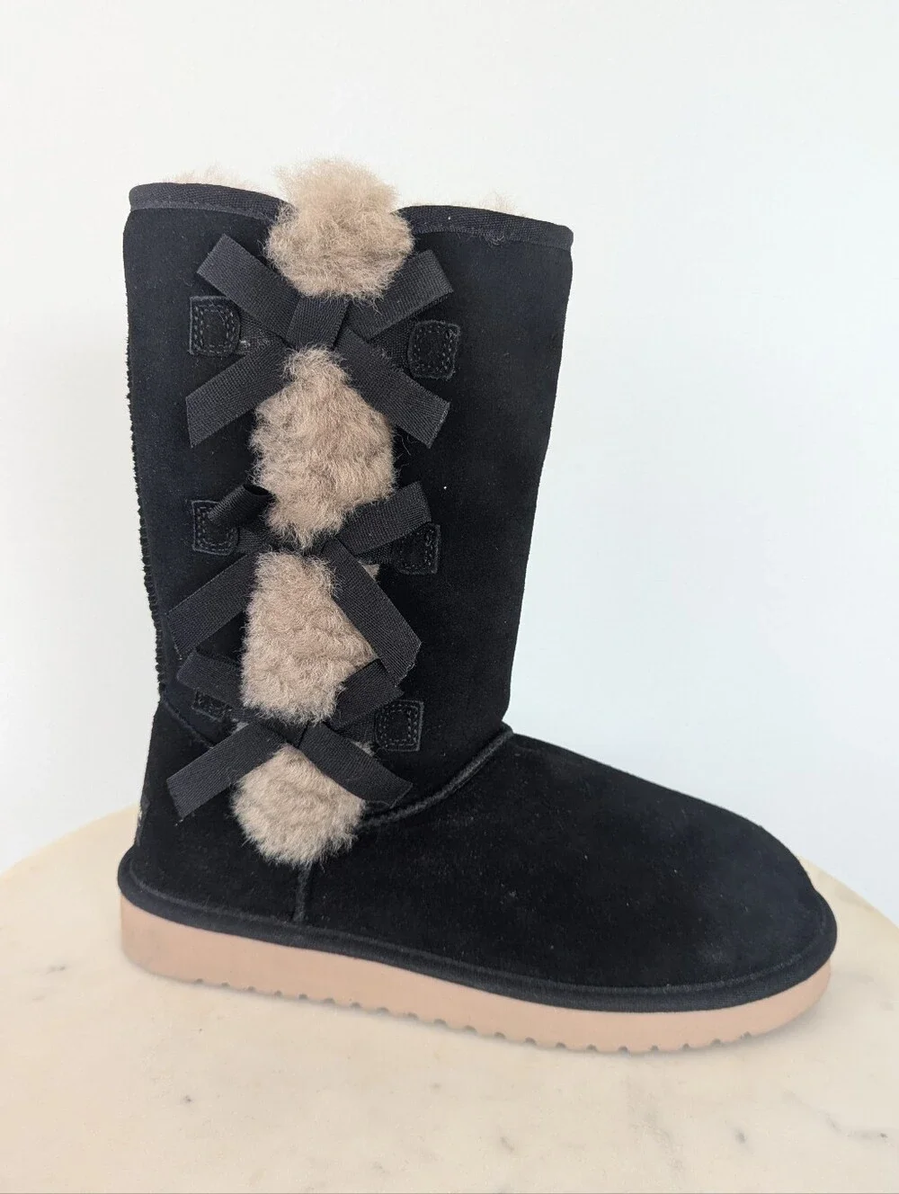Koolaburra UGG Women's Victoria Black & Tan Bow Detail Tall Winter Boots